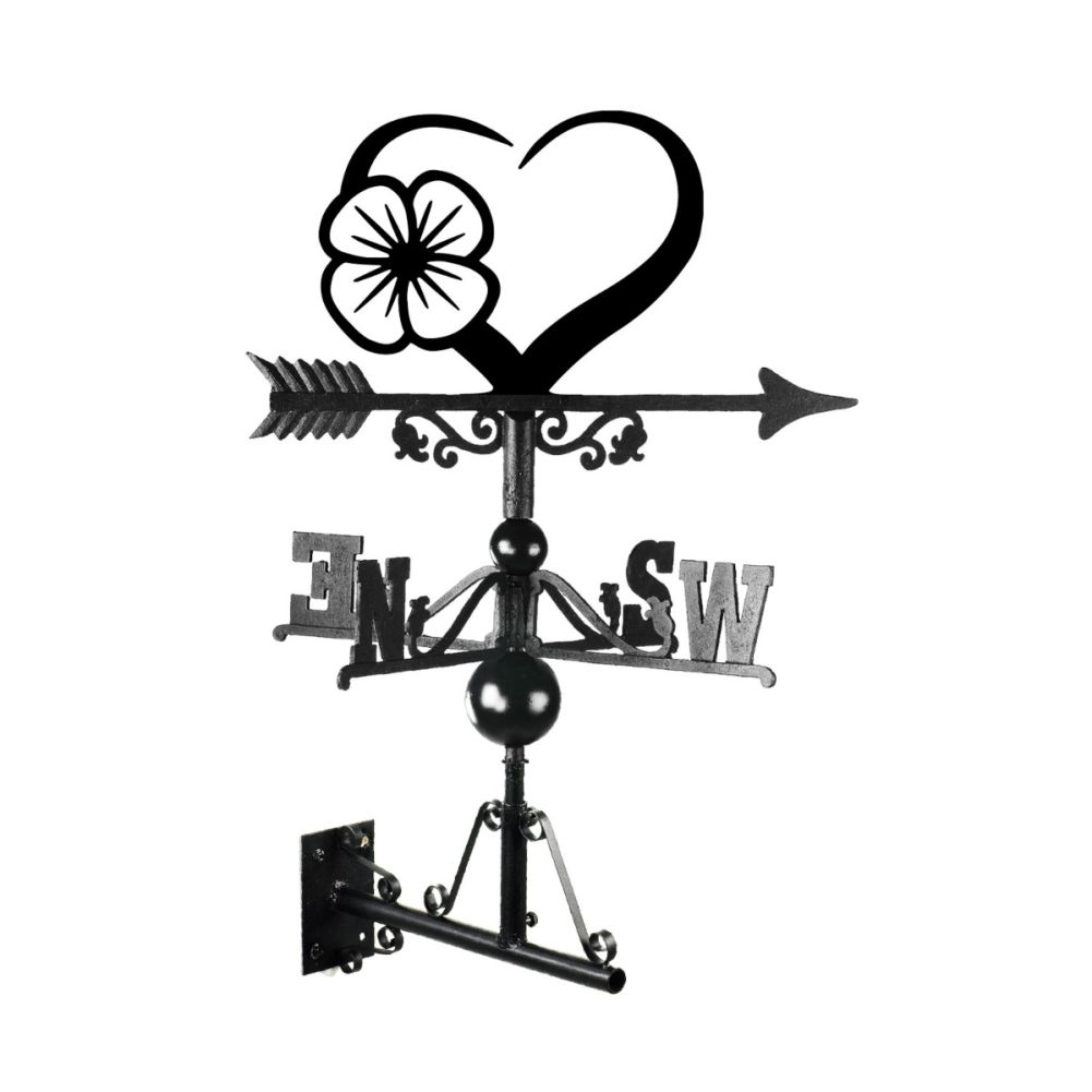 Cast Iron & Steel Poppy & Heart Weathervane on a White Background