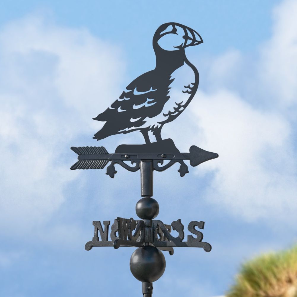 Cast Iron & Steel Puffin Miniature Weathervane Next To A Sand Dune