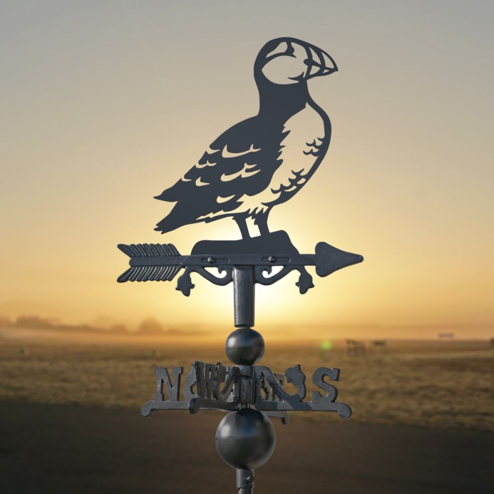 Cast Iron & Steel Puffin Miniature Weathervane In A Sunset Setting