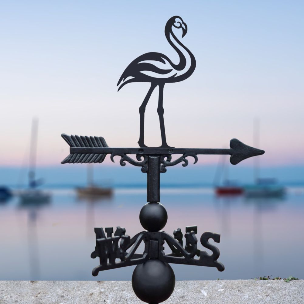 Cast Iron & Steel Standing Flamingo Weathervane in a Harbour Setting