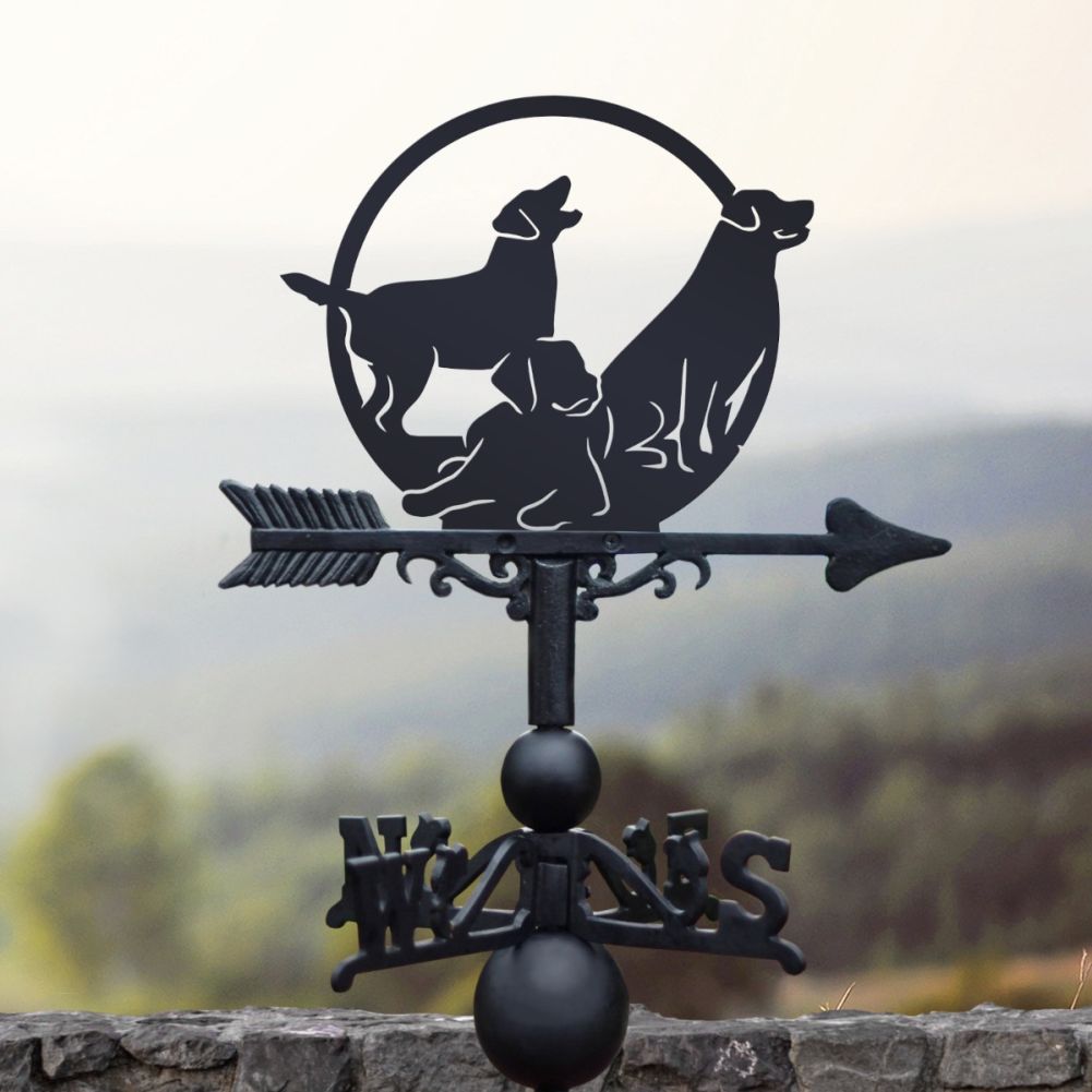 Cast Iron & Steel Three Labradors Weathervane In A Misty Setting