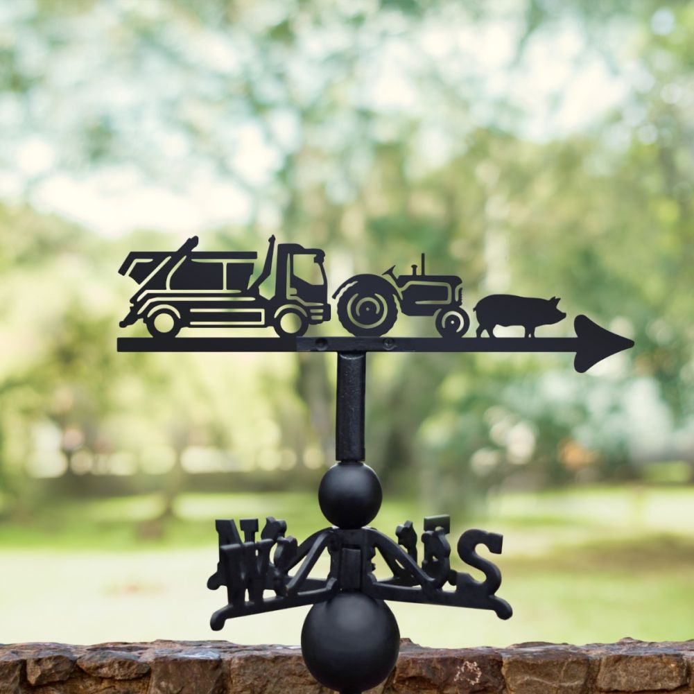 Cast Iron & Steel Tractor, Skip, Lorry & Pig Weathervane In A Park Setting