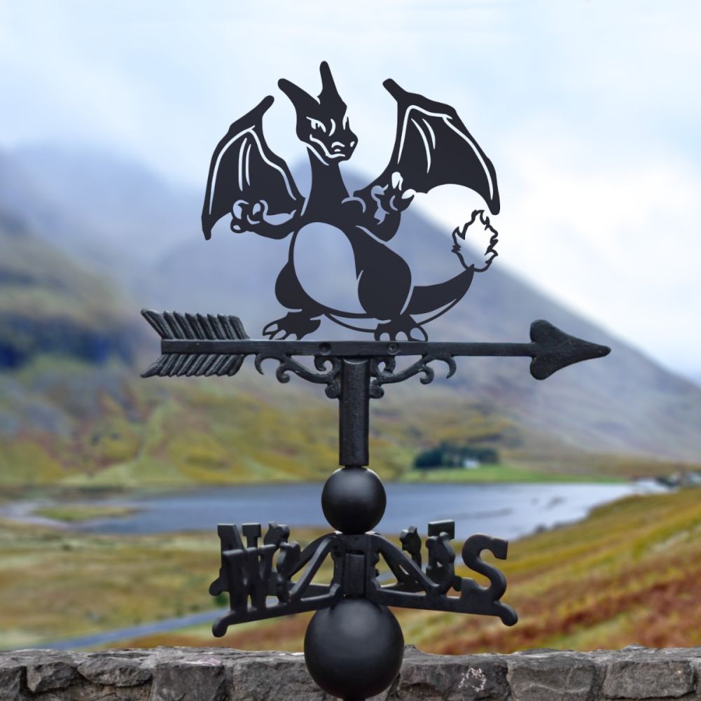 Cast Iron & Steel Ultimate Dragon Fire Monster Weathervane in a Valley Setting