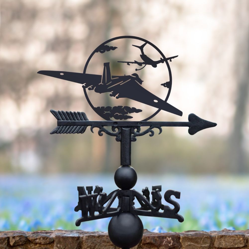 Cast Iron & Steel Vulcan Bomber & Victor Aircraft Refuelling Weathervane in a Wildflower Setting