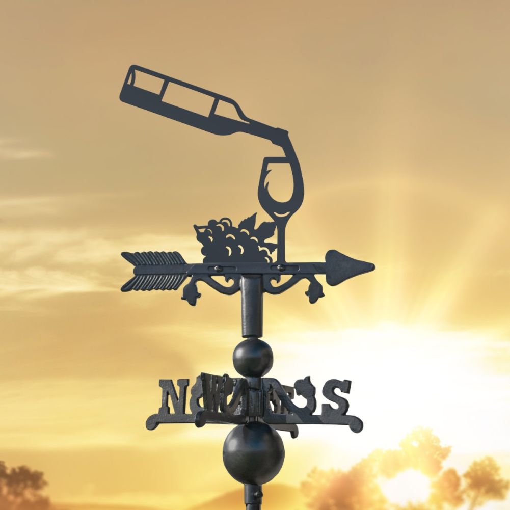 Cast Iron & Steel Wine Bottle & Glass Miniature Weathervane In A Sunset Setting