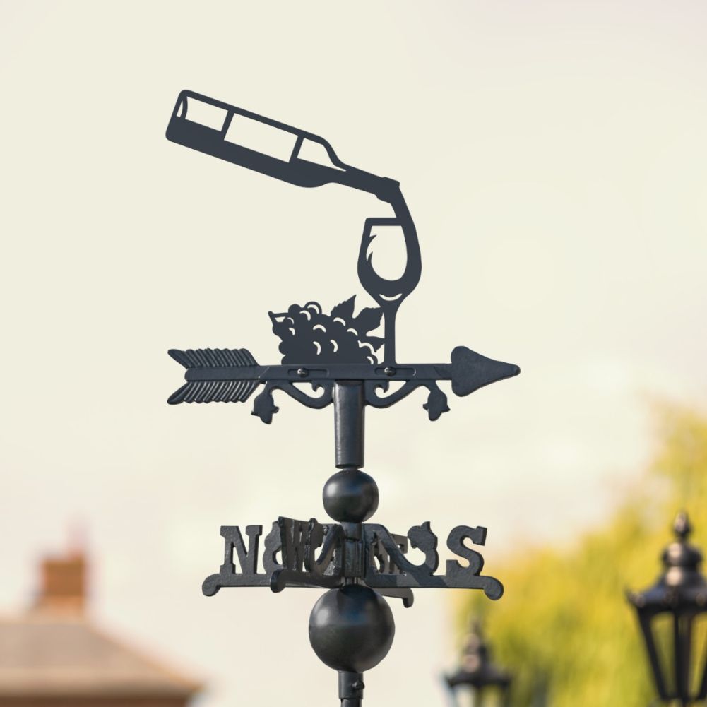 Cast Iron & Steel Wine Bottle & Glass Miniature Weathervane In Situ