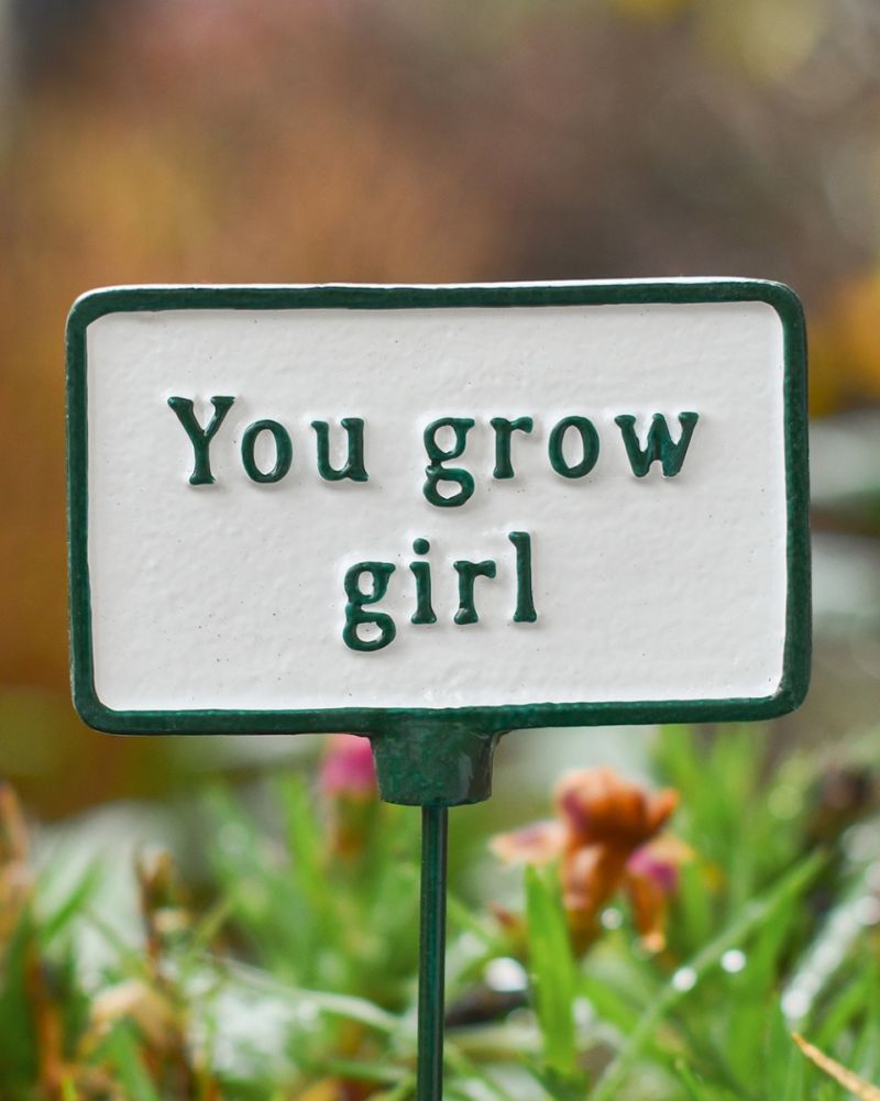 Cast Iron 'You Grow Girl' Humorous Plant Pot Spike Close Up