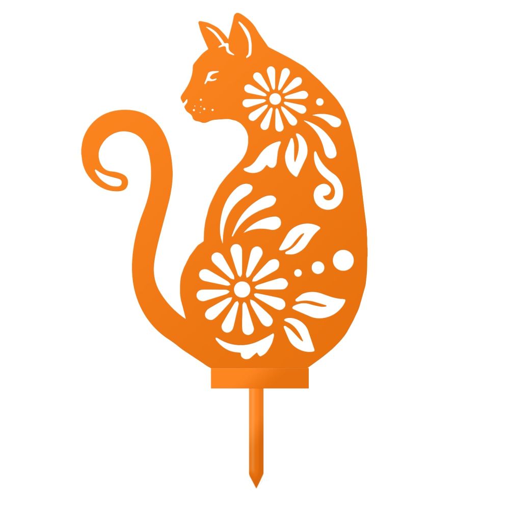 Orange Floral Cat Iron Silhouette On a White Background