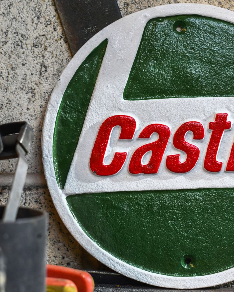 Classic 'Castrol Oil' Cast Iron Automobilia Sign Close Up