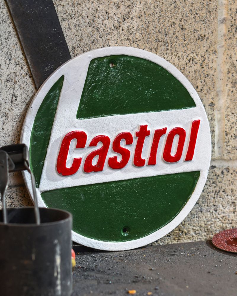 Classic 'Castrol Oil' Cast Iron Automobilia Sign In The Workshop