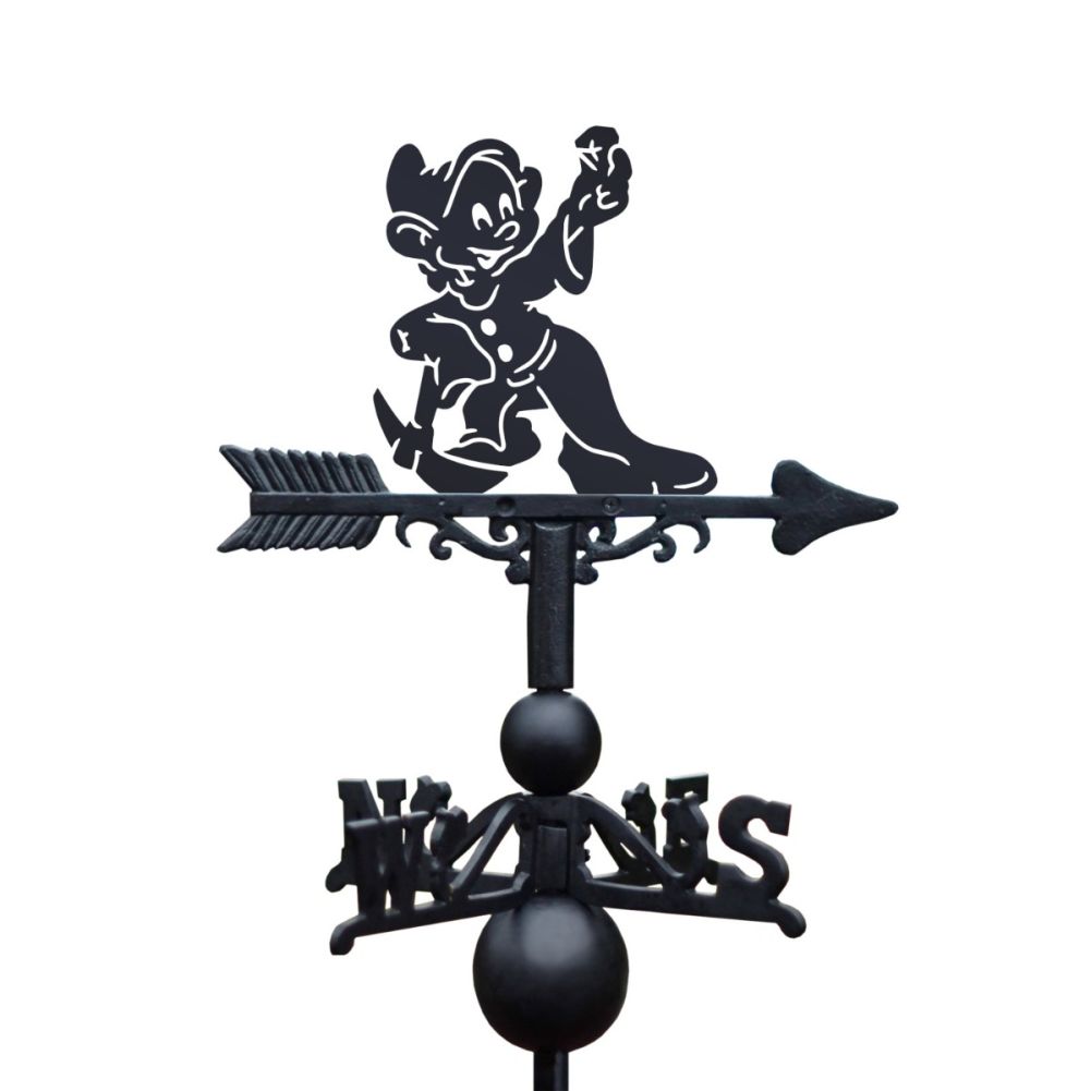 Close up of Cast Iron & Steel Happy Cartoon Dwarf & Pickaxe Weathervane Topper