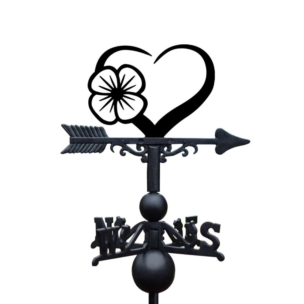 Close up of Cast Iron & Steel Poppy & Heart Weathervane Topper