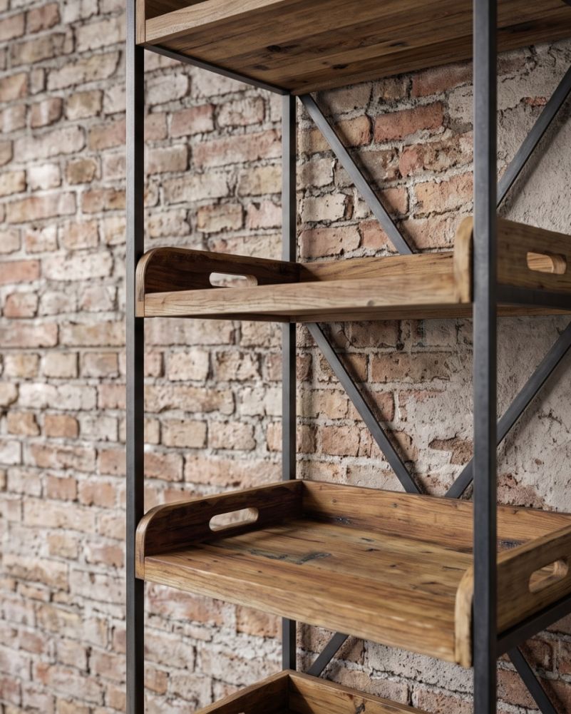 close up digital illustration wooden and iron industrial shelf