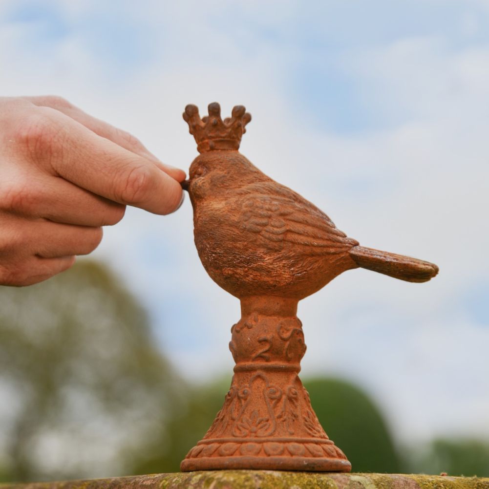Bird with Regal Crown Cast Iron Rustic Sculpture Scale View