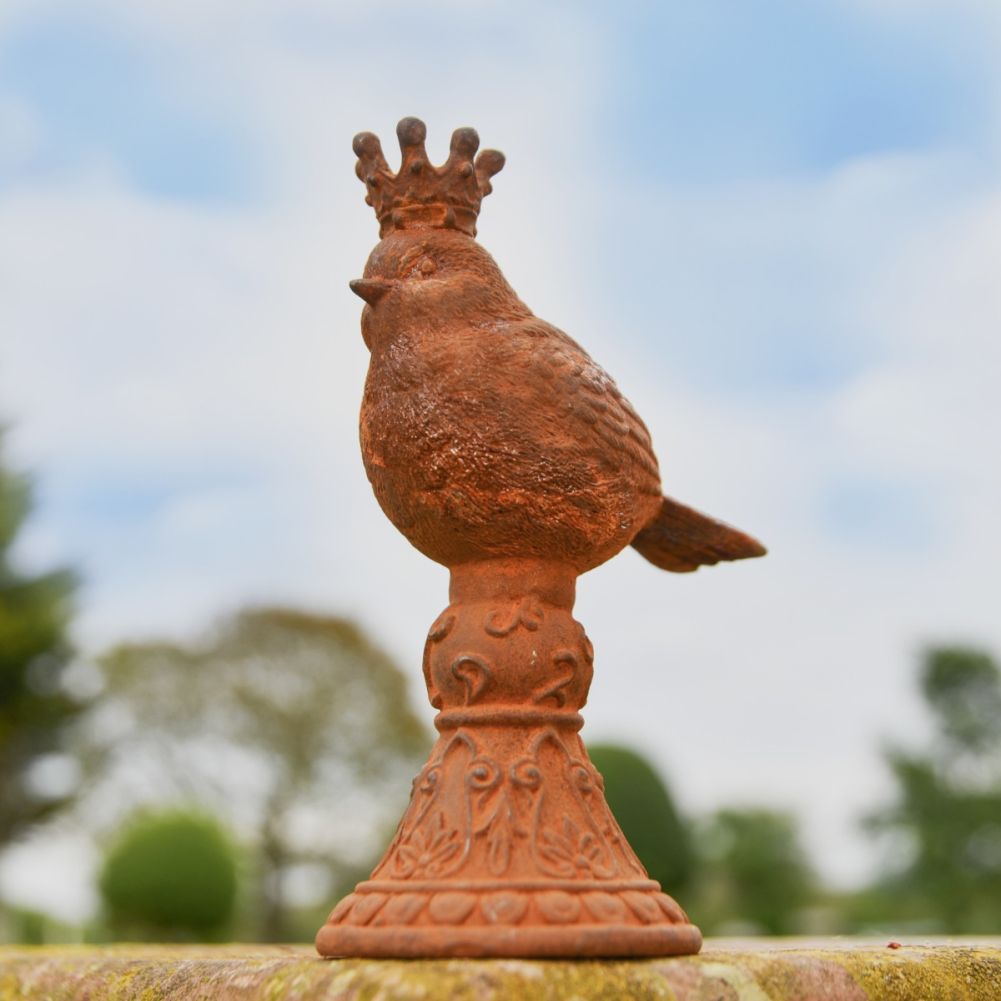 Bird with Regal Crown Cast Iron Rustic Sculpture