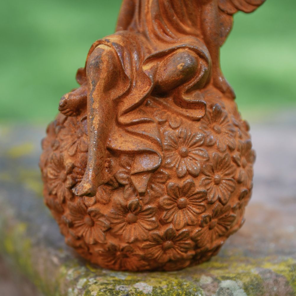 Fairy with Floral Base Cast Iron Rustic Sculpture Base Detail