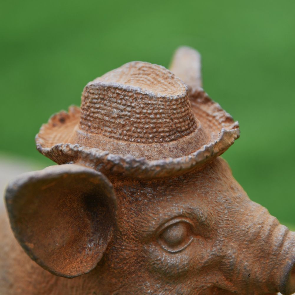 Pig In Wellies Cast Iron Rustic Sculpture Hat Detail