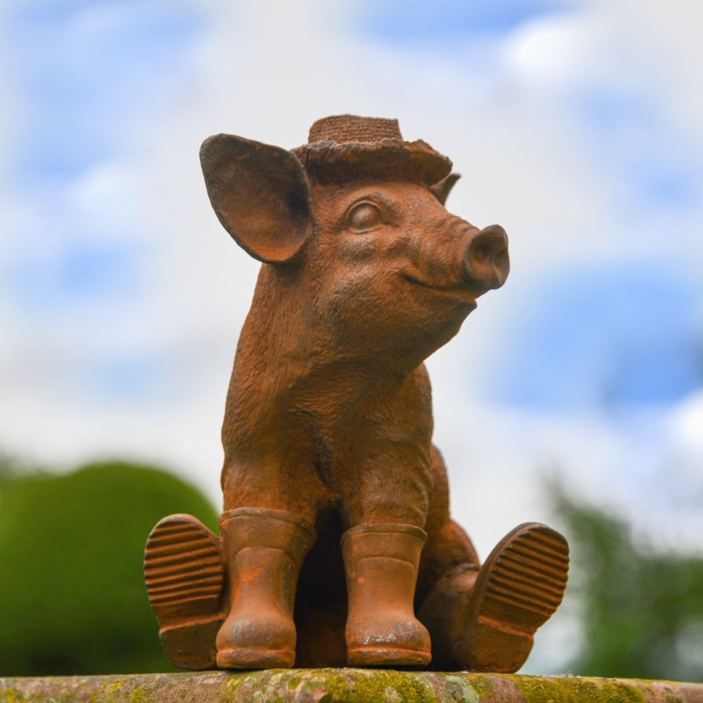 Pig In Wellies Cast Iron Rustic Sculpture
