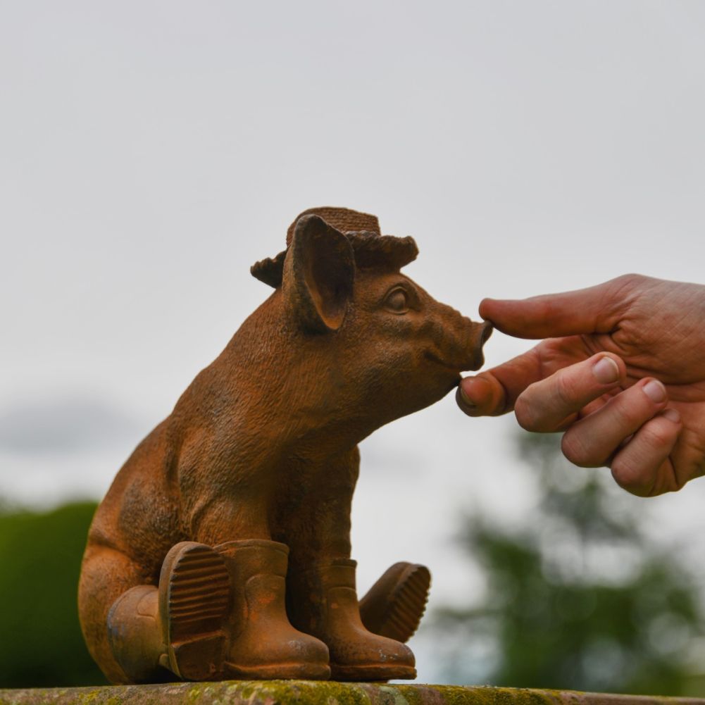 Pig In Wellies Cast Iron Rustic Sculpture Scale View