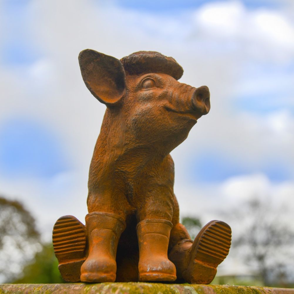 Pig In Wellies Cast Iron Rustic Sculpture