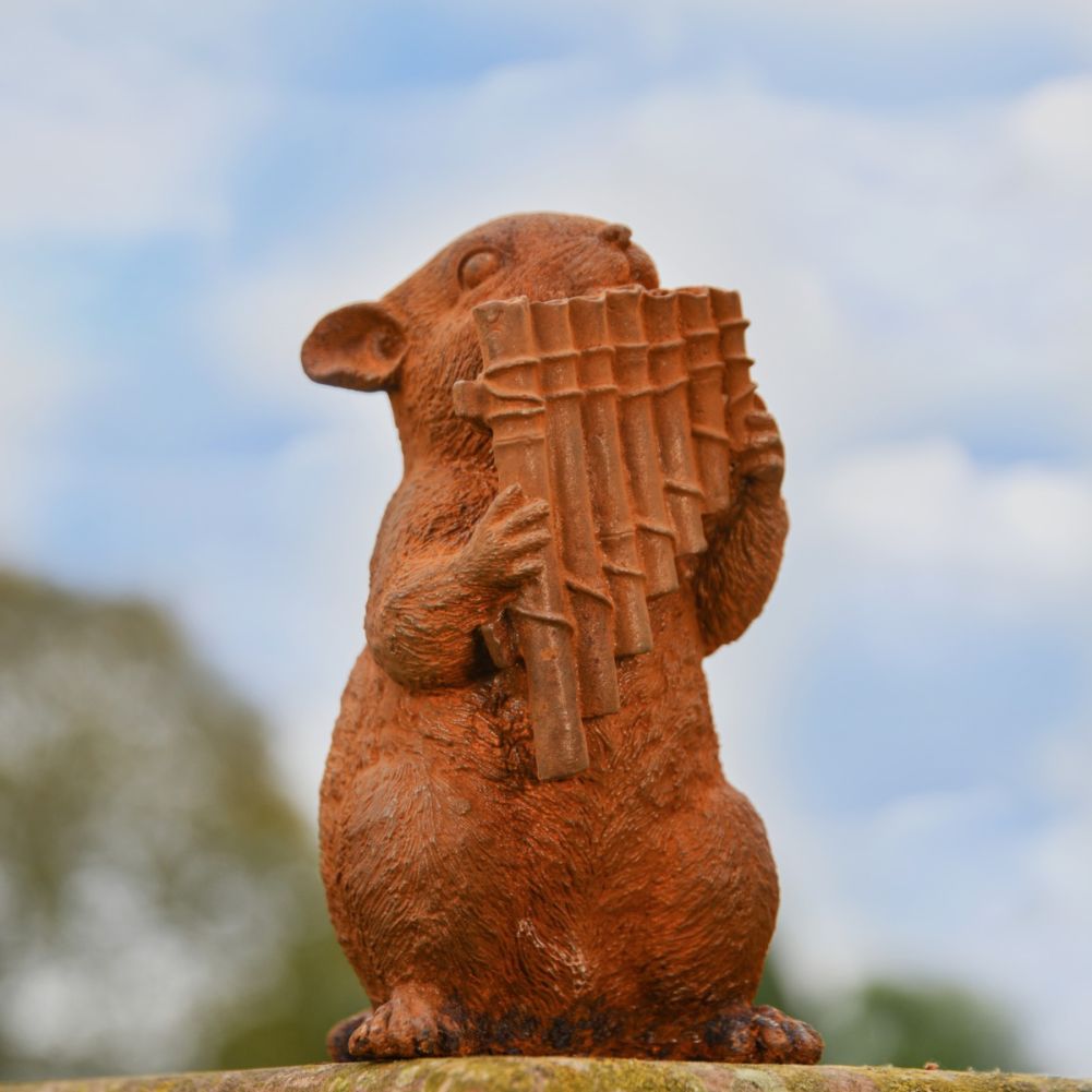 Chipmunk Playing Panpipes Cast Iron Rustic Sculpture