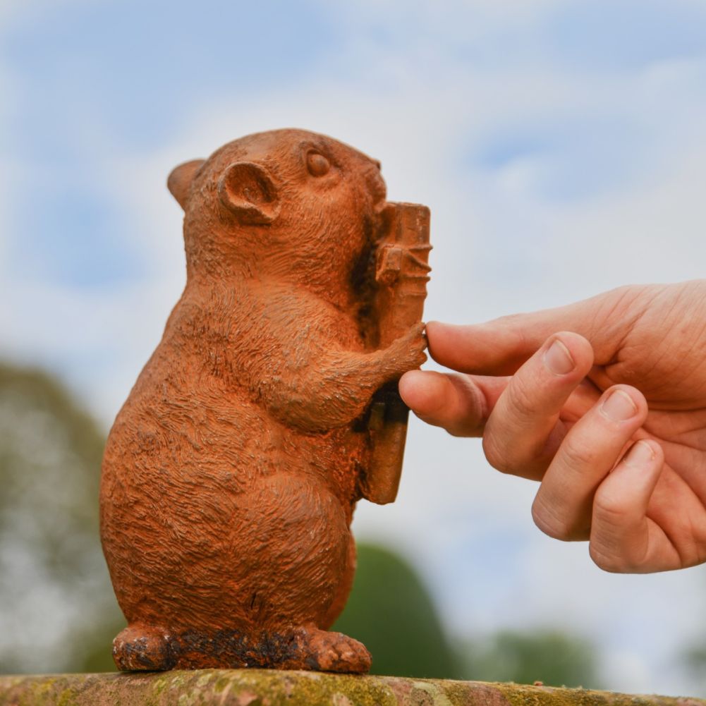 Chipmunk Playing Panpipes Cast Iron Rustic Sculpture Scale View