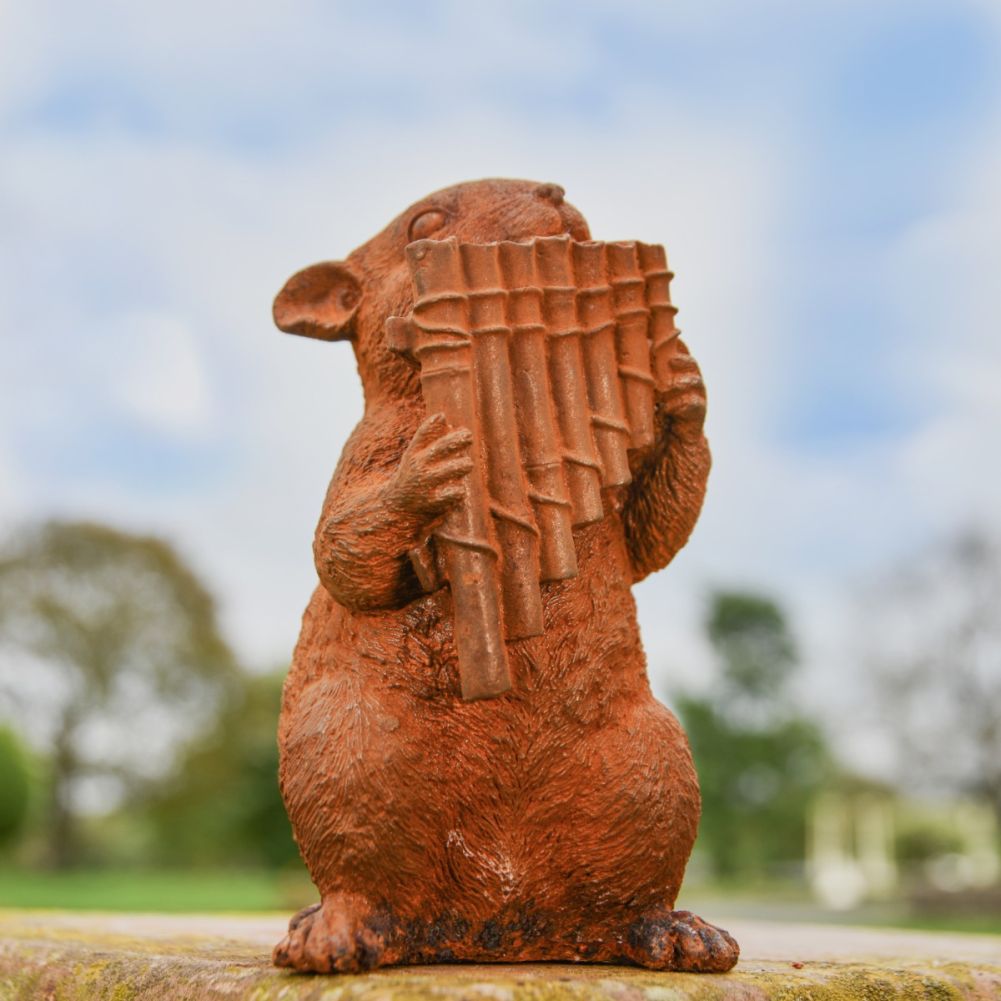Chipmunk Playing Panpipes Cast Iron Rustic Sculpture