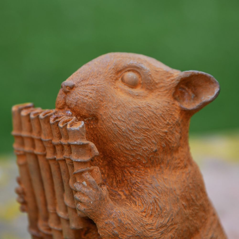Chipmunk Playing Panpipes Cast Iron Rustic Sculpture Face Detail