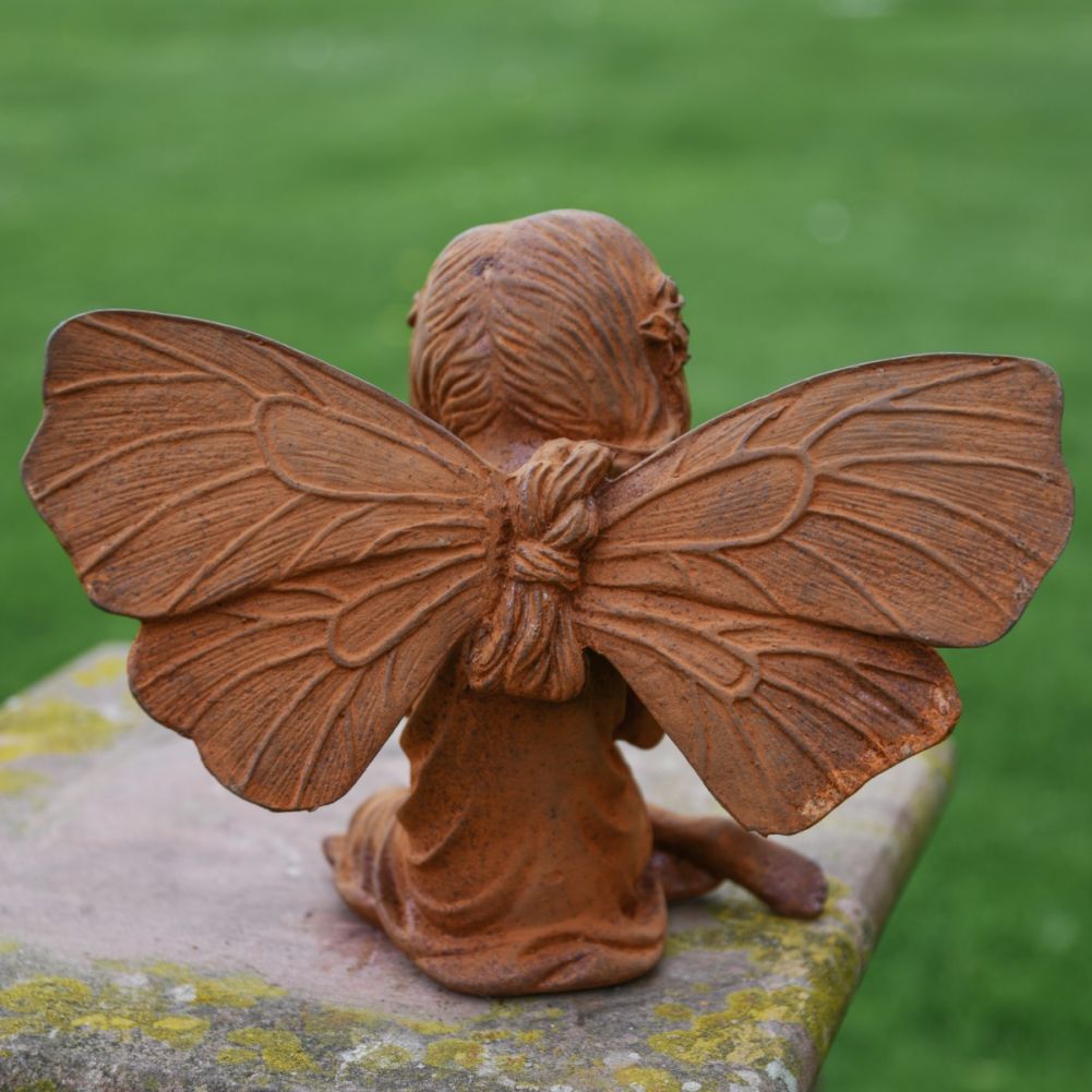 Fairy with Flower Cast Iron Rustic Garden Sculpture Rear View