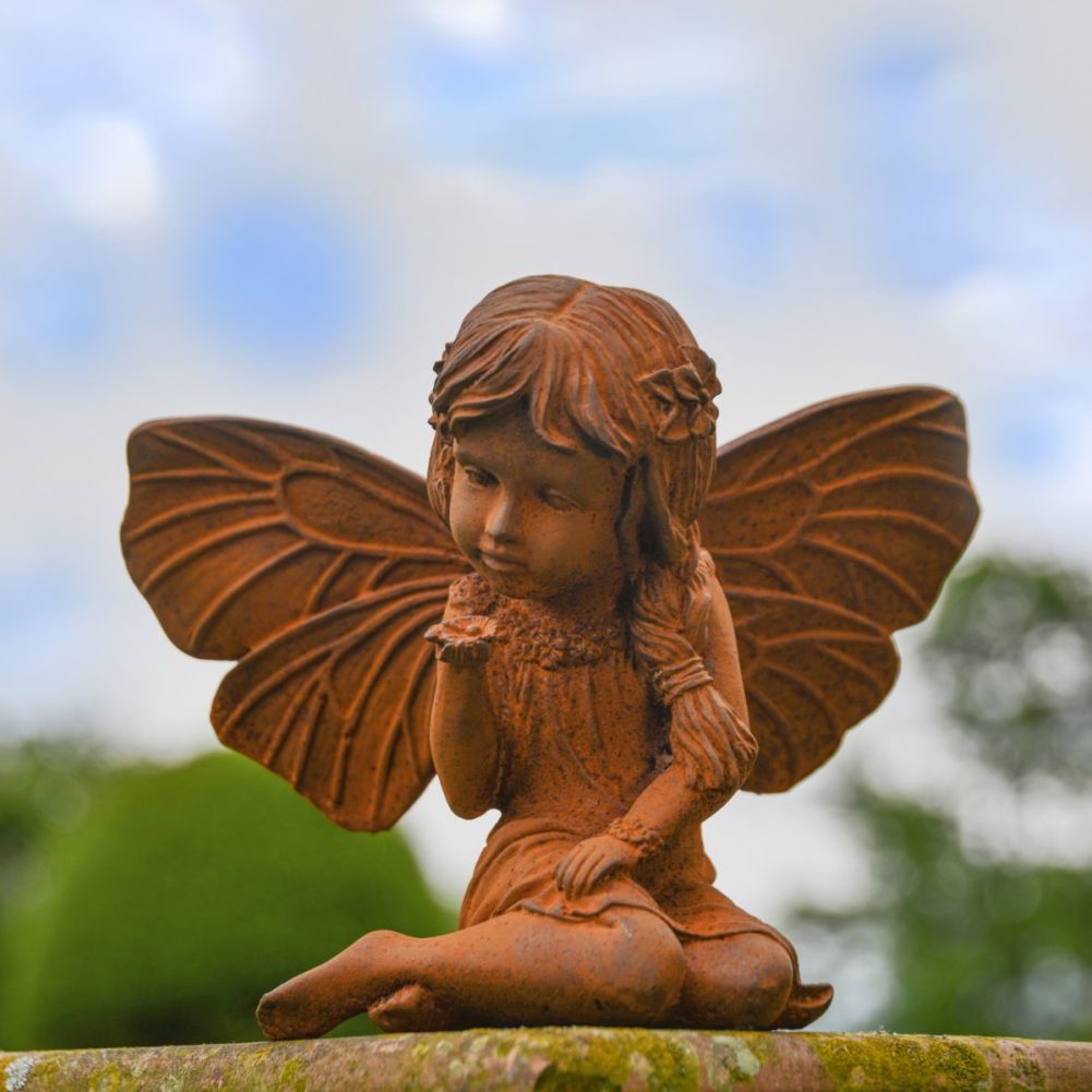 Fairy with Flower Cast Iron Rustic Garden Sculpture