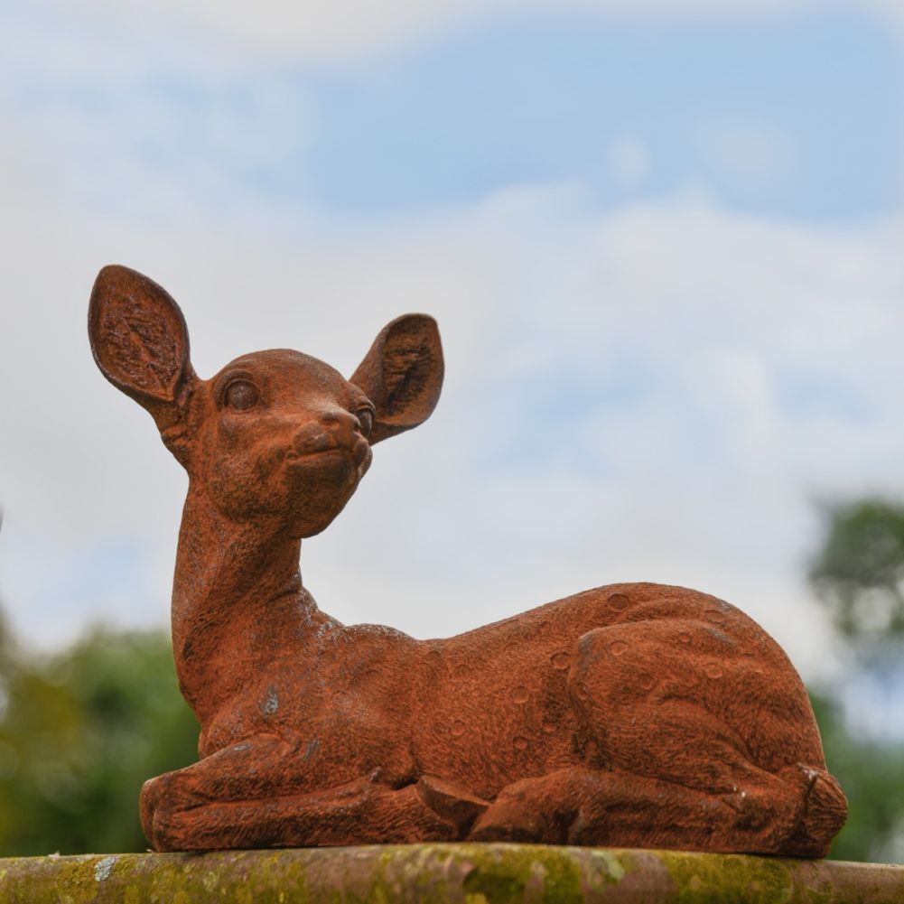 Deer Lying Down Cast Iron Rustic Sculpture - Facing Left