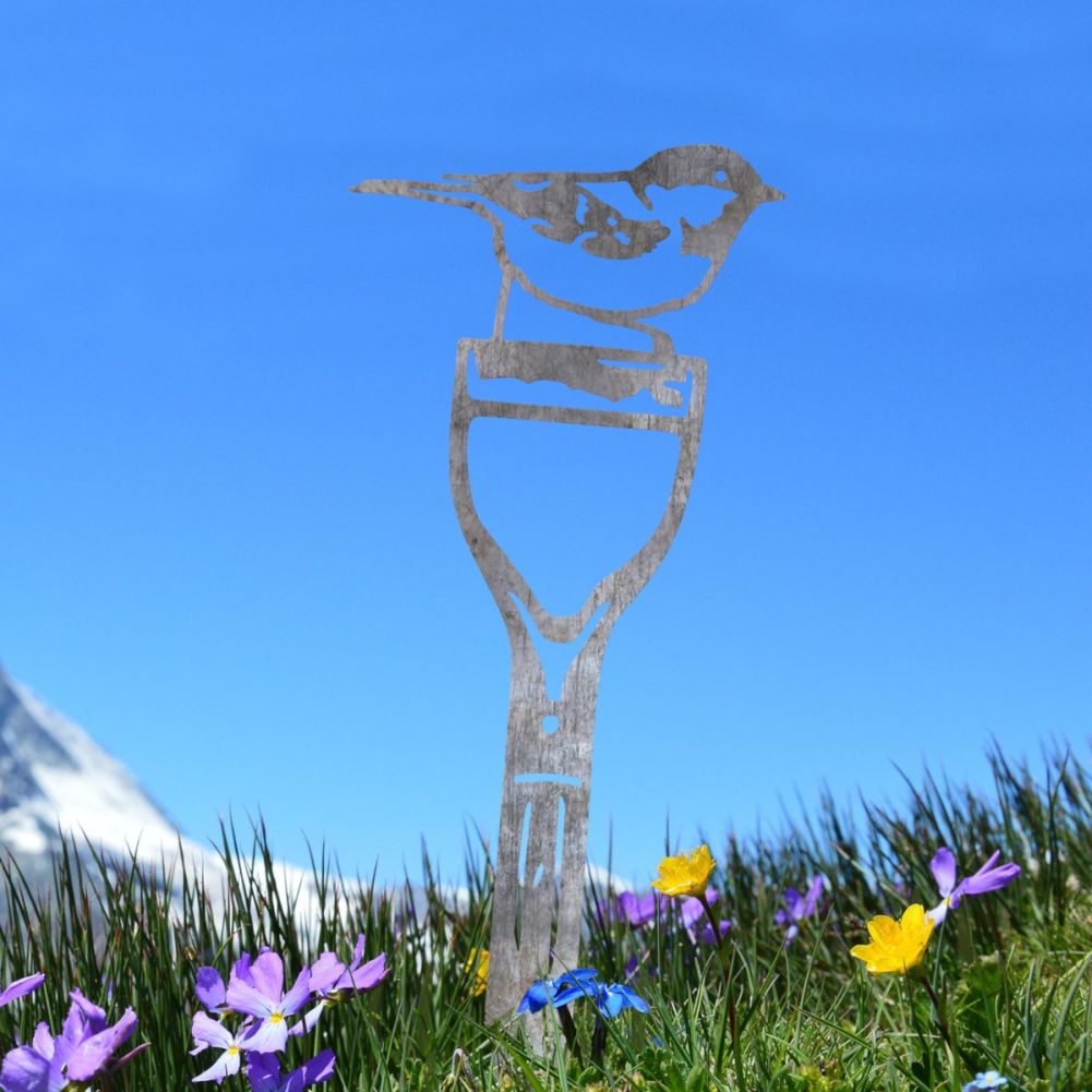 Coal Tit Garden Silhouette in Unfinished Steel in a Blue Sky Setting