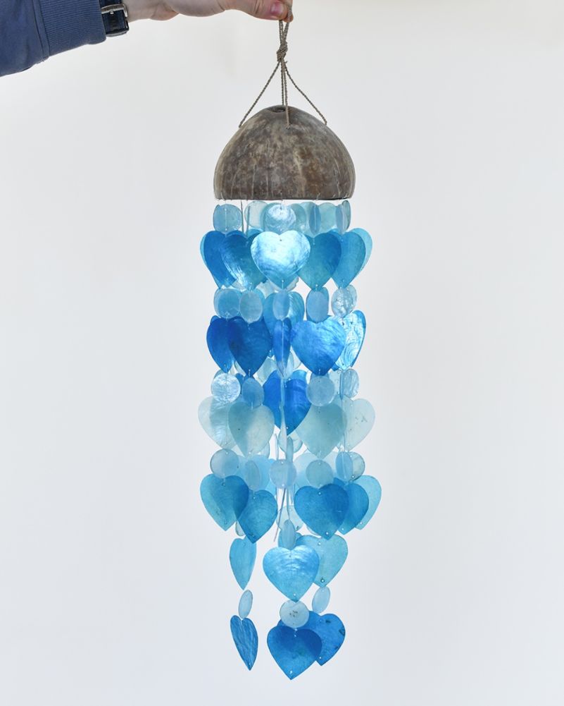 Coconut & Shell Ornate Heart Wind Chime - Blue