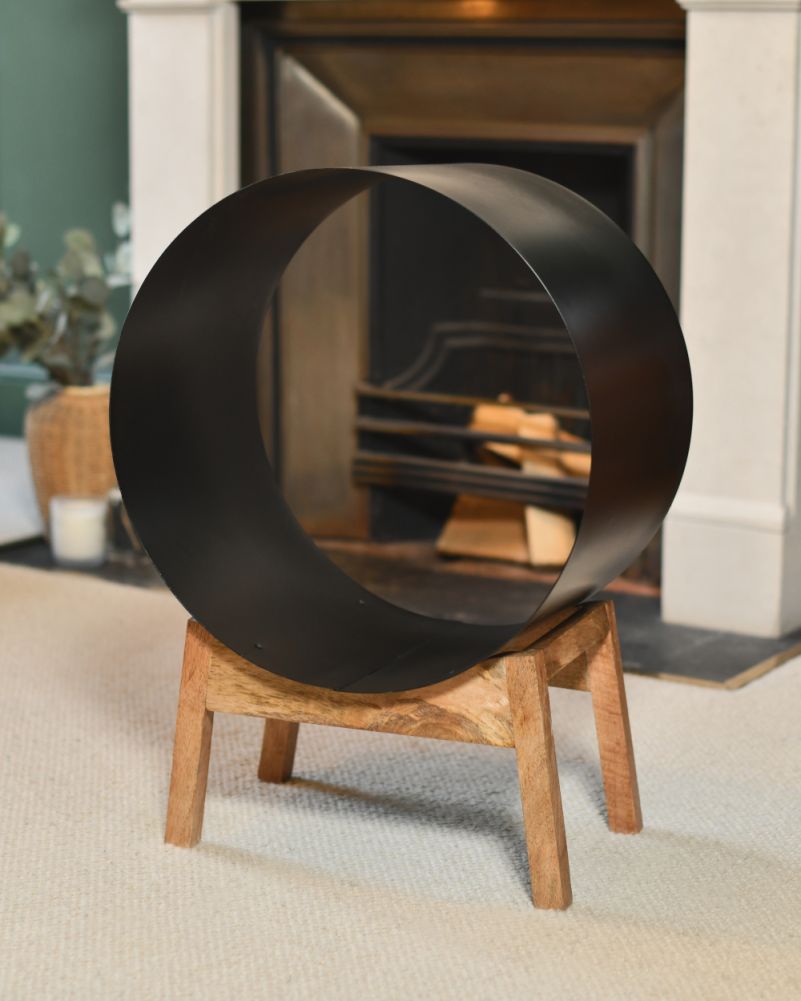 Contempoary Round Steel 'Hever' Log Holder With Wooden Legs
