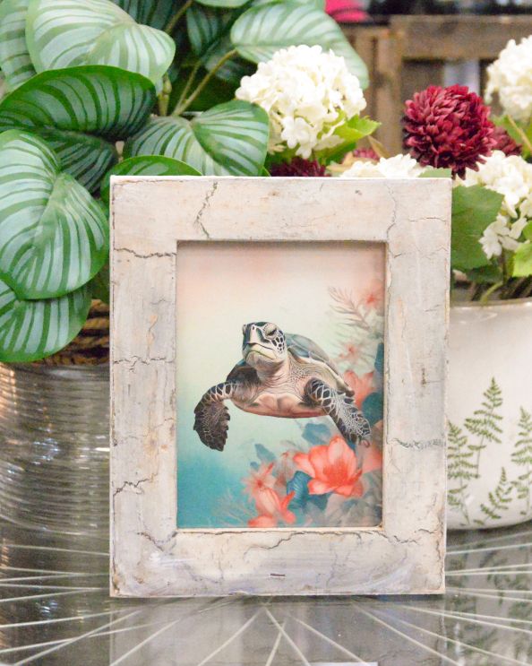 'Coral Haven' Recycled Wooden Framed Sea Turtle Artwork