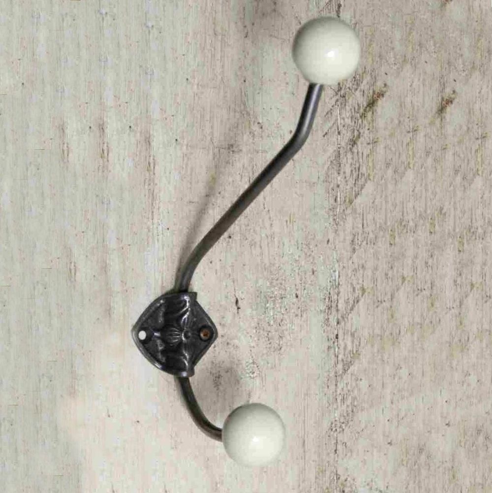 Floral Ornate Cream Ceramic Tip Large Iron Coat Hook