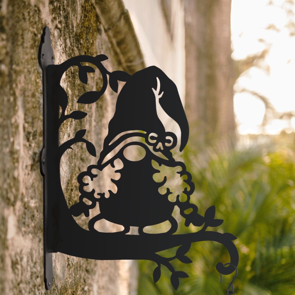 Curly Haired Gonk Hanging Basket Bracket In A Garden Setting