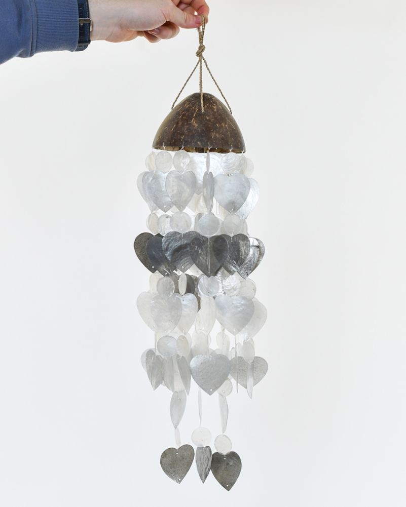 Deluxe Coconut & Shell Ornate Heart Wind Chime - Silver
