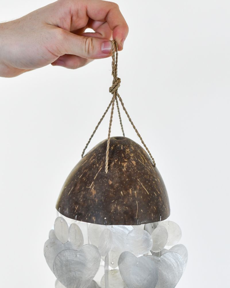 Deluxe Coconut & Shell Ornate Heart Wind Chime - Silver Top