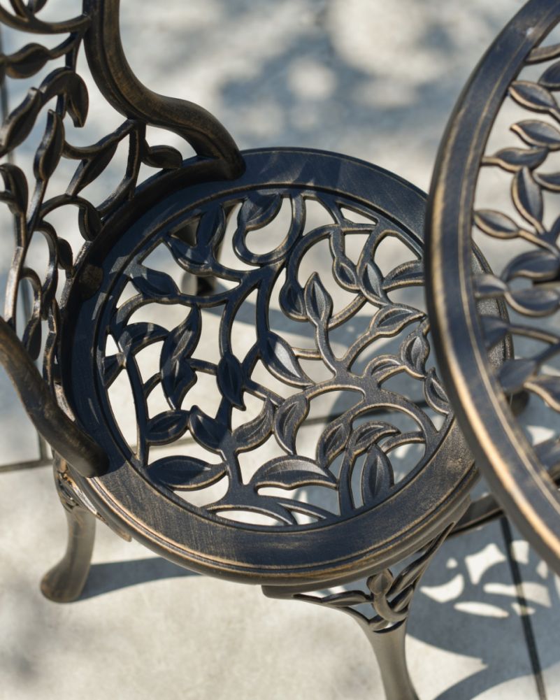 Details On The Seat Front Deluxe Ida Outdoor Two Seater Bistro Set In Antique Bronze