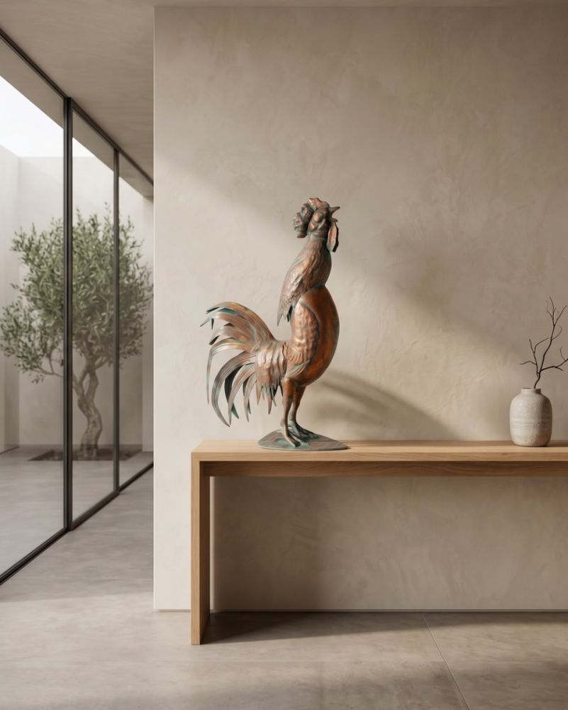 digital illustration Bronze-Verdigris Sovereign Crowing Rooster Sculpture
