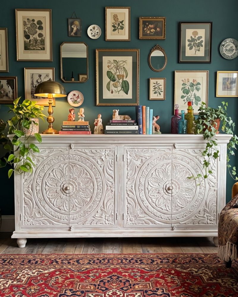 digital illustration carved mandala white sideboard