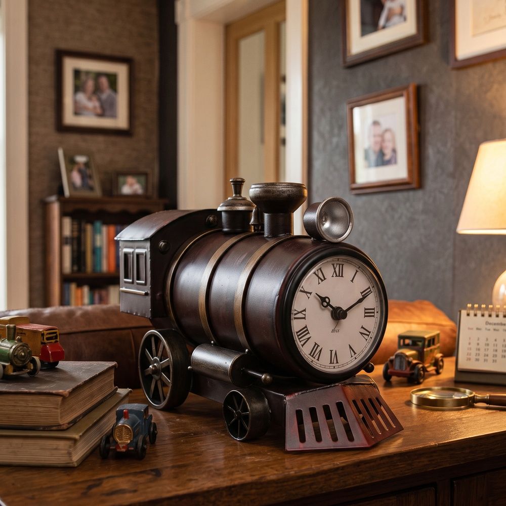Digital Illustration Metal Steam Train Mantel Clock