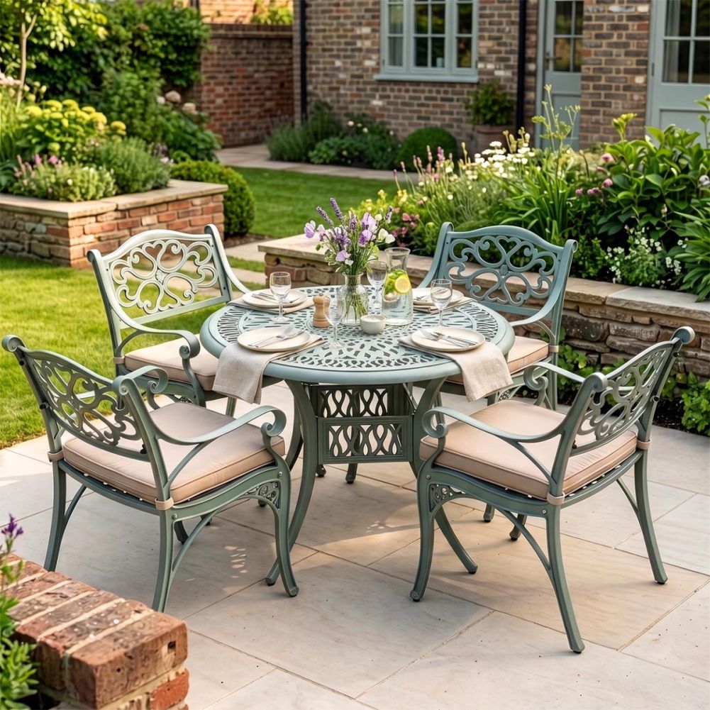 Dressed Deluxe 'Romantica' Outdoor Four Seater Furniture Set In Sage Green Digital Illustration