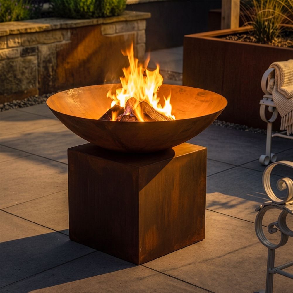 Night Time Shot Of The Rustic Fire Pit On A Square Pedestal - 70cm Digital Illustration