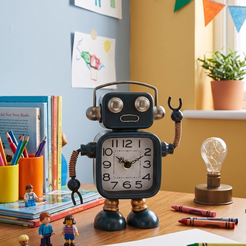digital illustration Retro Blue Robot Metal Table Clock