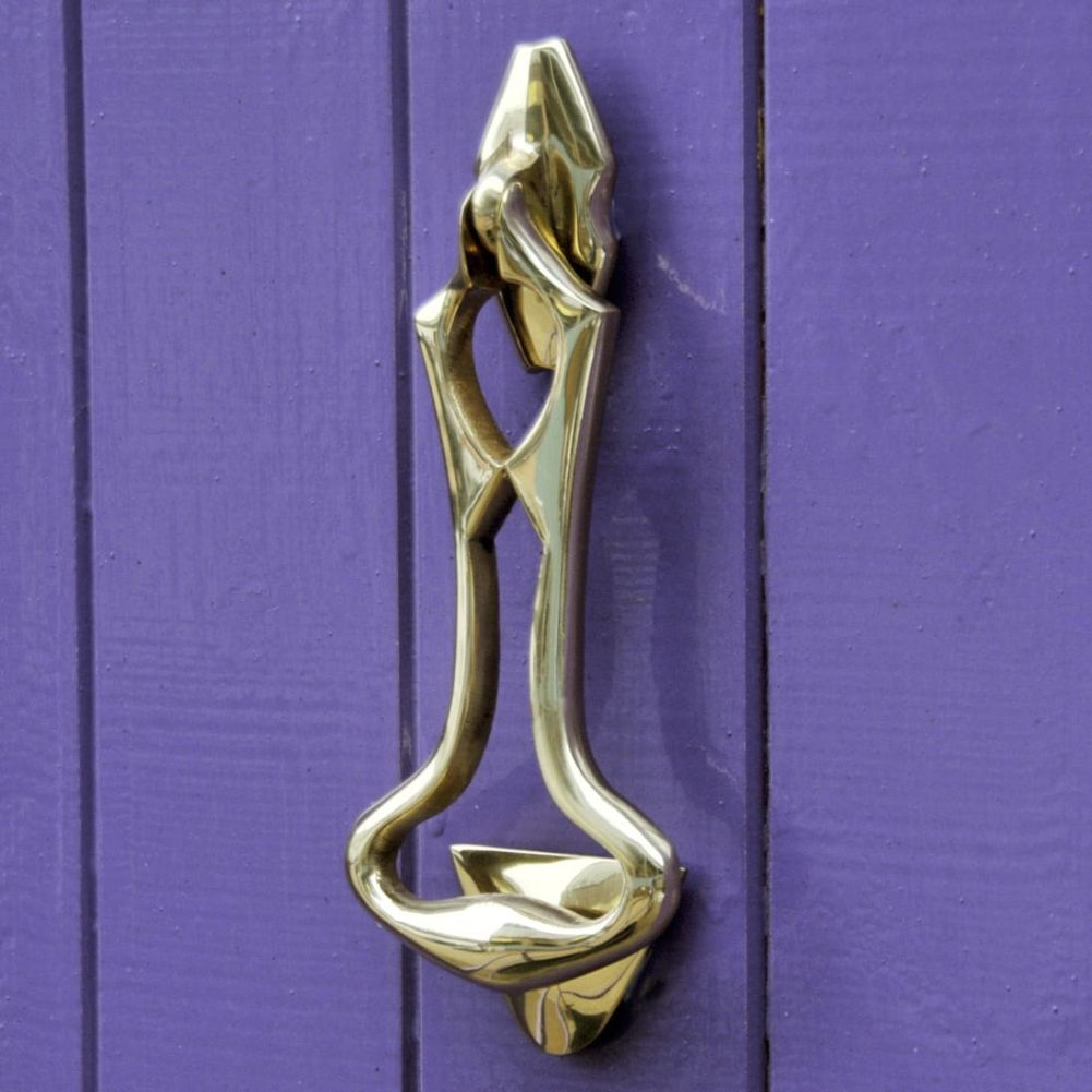 Contemporary Brass Door Knocker-Polished Brass on Purple Door 