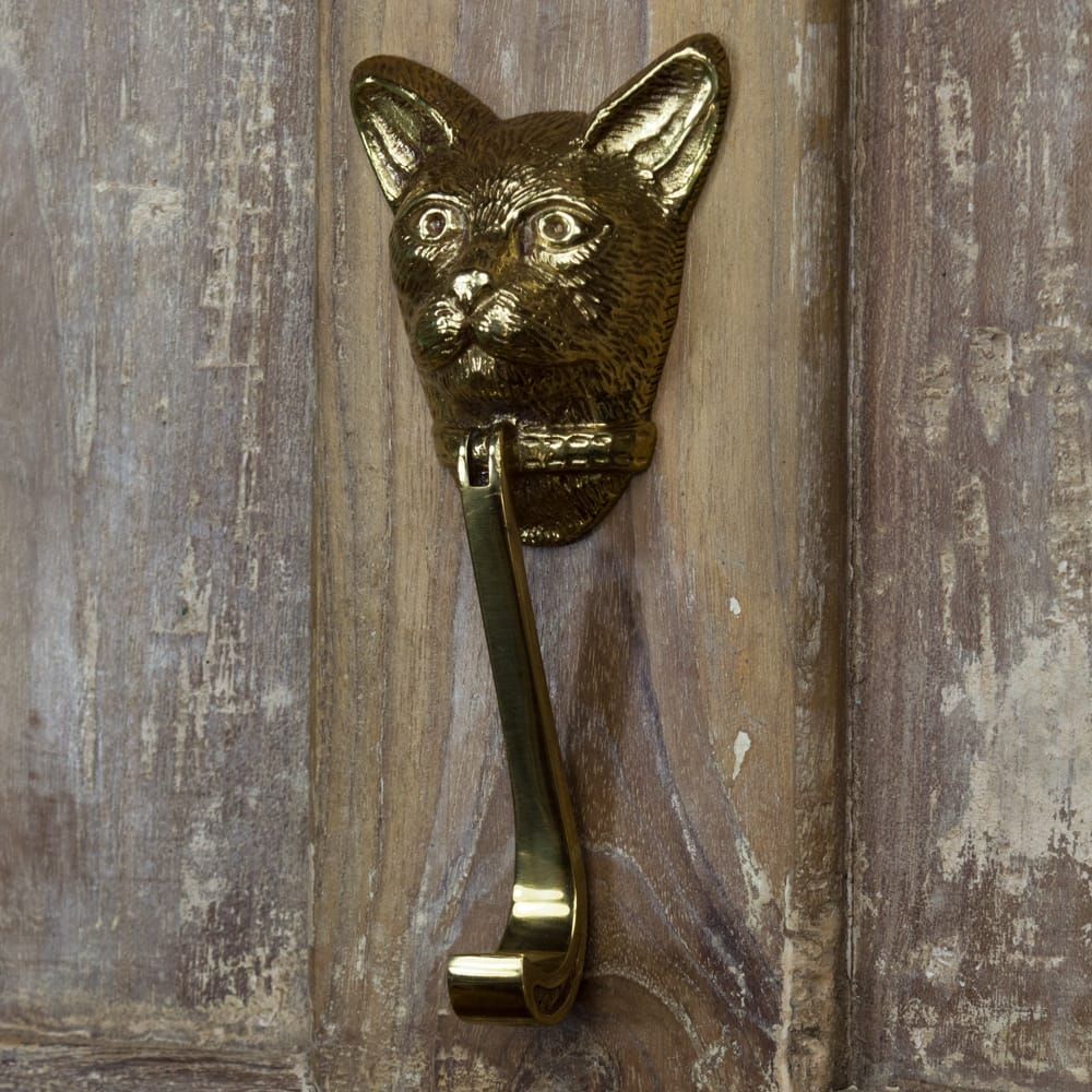 Cat Door Knocker In Polished Brass on Rustic Brown Door 