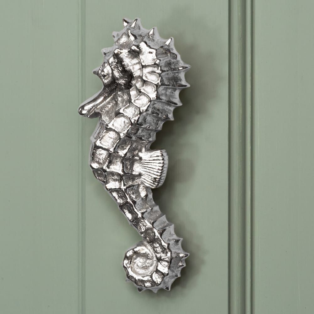 Seahorse Door Knocker - Bright Chrome Finish on Door