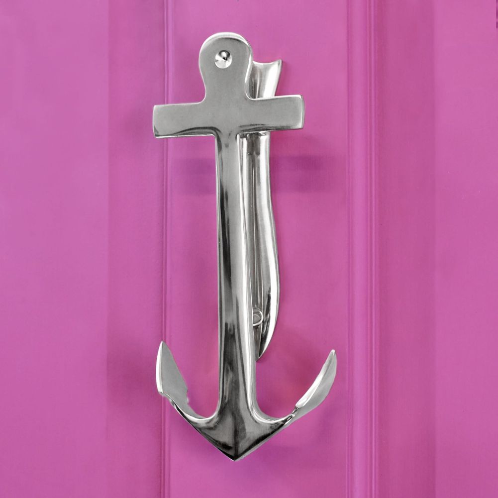 Anchor Door Knocker - Bright Chrome on Pink Door